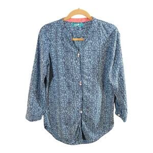 Zeen Pakistani Printed Long Sleeve Split Neck Longline Blouse in Blue Women's 8